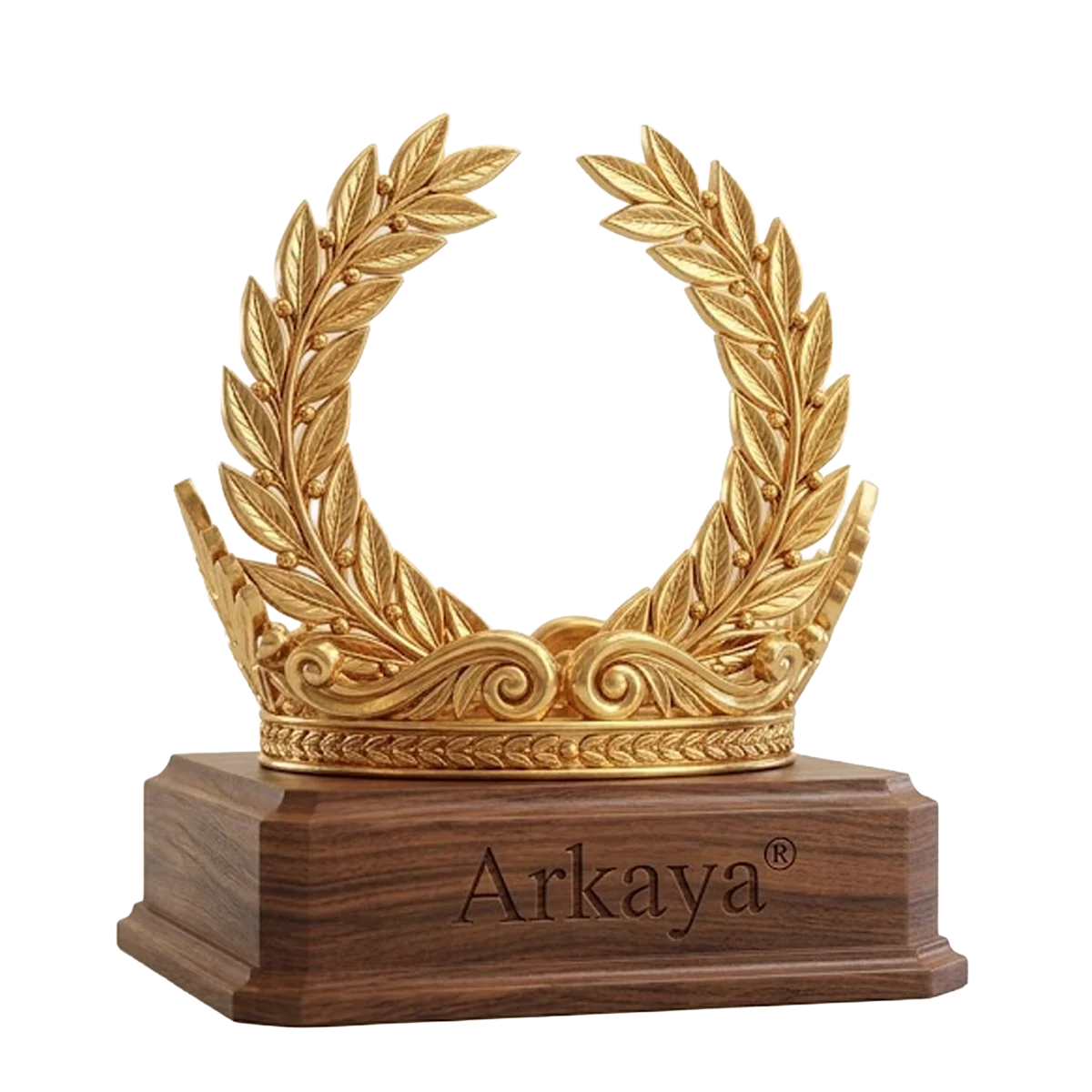 Piala emas berbentuk karangan daun laurel dengan simbol merek terdaftar (R), berdiri di atas alas kayu bertuliskan Arkaya